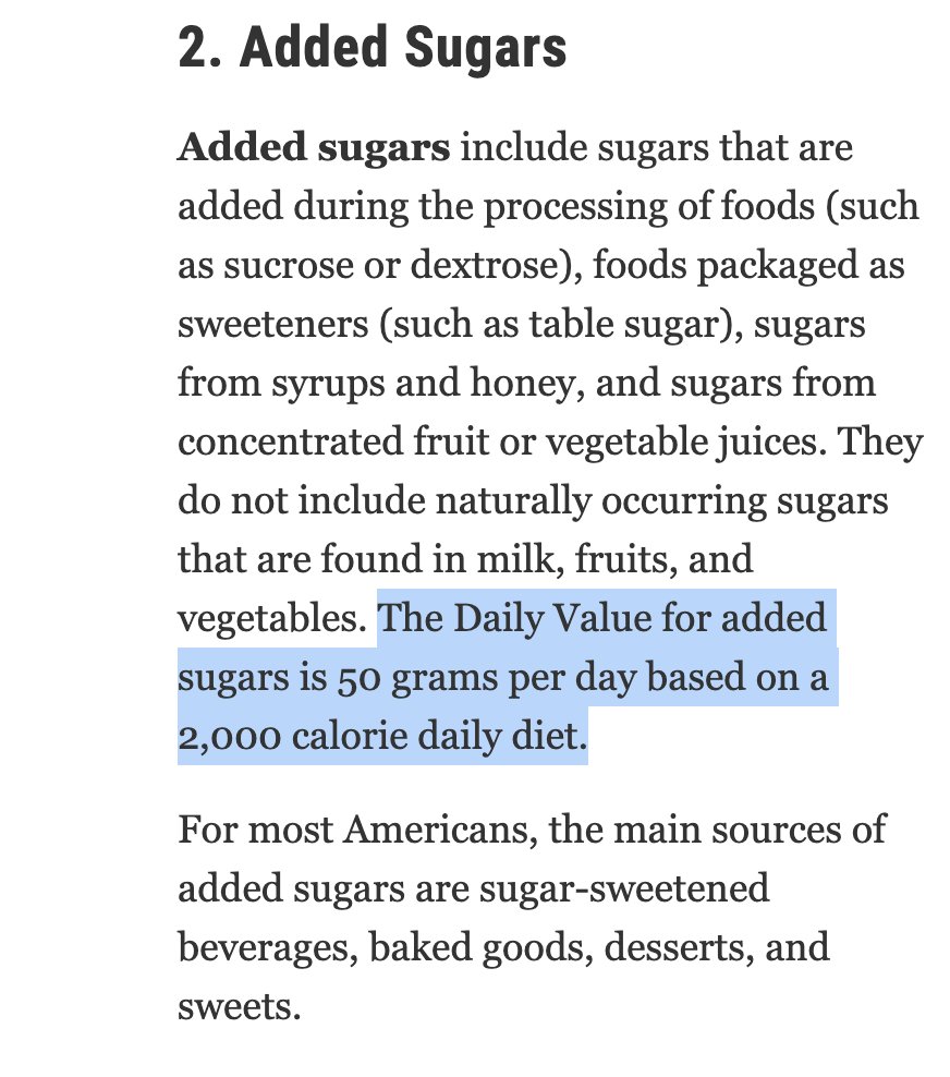calleymeans's tweet image. This screenshot is from the @US_FDA website, taken today. 

The US government is recommending 50 grams of added sugar per day. 

This is dangerous on its face and also nonsensical: sugar is a highly addictive drug. This is like recommending a maximum amount of cigarettes...