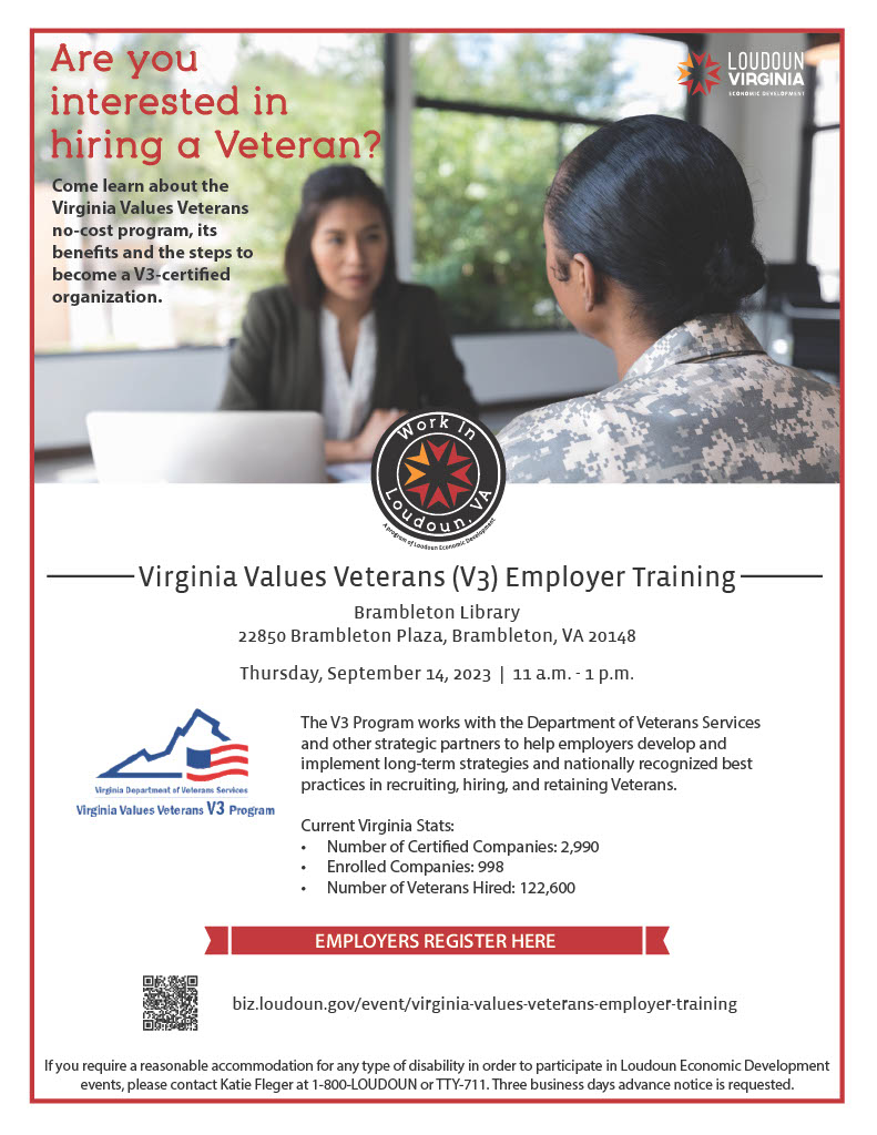Are you interested in hiring a veteran? Join us at Virginia Values Veterans employer training where you can learn how to become a V3-certified organization.

Register today: hubs.li/Q01_dCRL0
#WorkInLoudoun