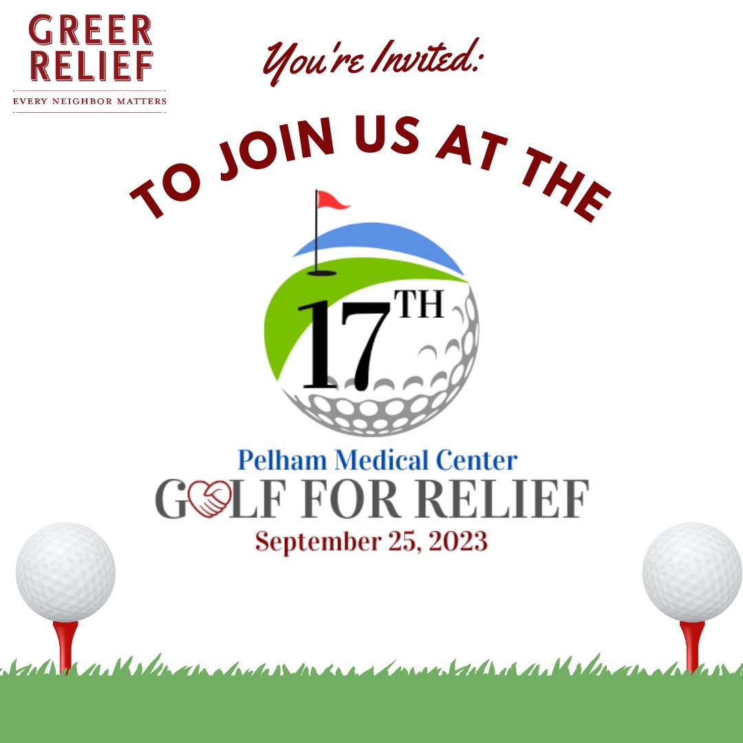 GreerRelief's tweet image. ⛳️Pelham Medical Golf for Relief Tournament!🏌️‍♂️
📅  Date: September 29th
⏰  Time: Registration at 8:00 AM
📍  Location: Greer Golf Course
For inquiries, further details, reach out to events@greerrelief.org or call (864) 334-3492.
#GolfForRelief #CommunityHealth