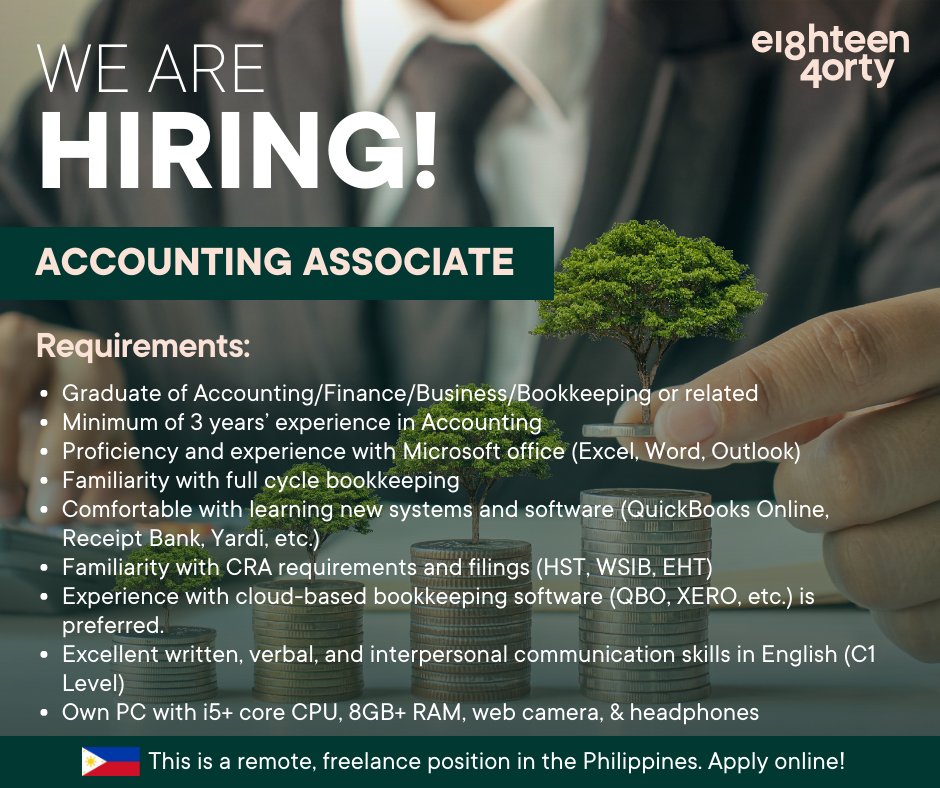 1840andCompany's tweet image. We are hiring an Accounting Associate based in the Philippines. If you have strong analytical skills, this job is for you. 

Learn more and apply here 👉 bit.ly/3E3Y9U8 

#AccountingAssociate #Remotework #Freelancing #Philippines