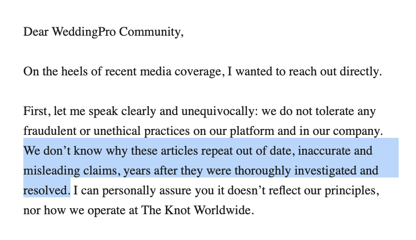 Ali_Lev's tweet photo. Update on The Knot:

Shortly after we published our investigation into the wedding company, its CEO sent a blast to wedding vendors and advertisers across the country discrediting our work and dismissing the allegations we wrote about as "out of date." 

https://t.co/ifqovzmYeS https://t.co/e5vuDiyGfQ