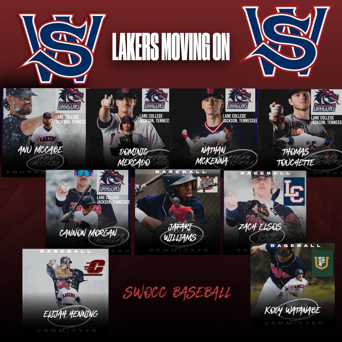 Congrats to the 9 members of the 2023 Lakers that have committed to 4 years programs. These young men lead SWOCC baseball to its best season in program history! The Lakers send 5 on to NCAA D2 programs 2 players to NAIA programs, and 2 players to D1 programs for the 2024 season.