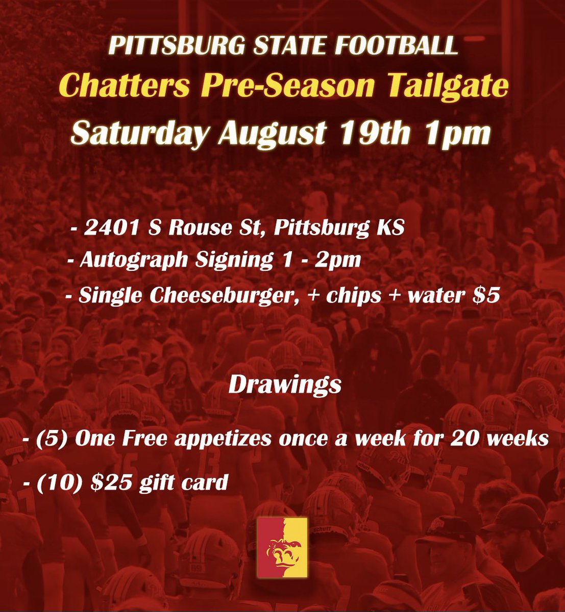GorillasFB's tweet photo. Gorilla Nation we invite you to join us Saturday August 19th - 1pm @ Chatters!
Gorillas Football Pre-Season Tailgate
We look forward to seeing Gorilla Nation show out!
#PittState #GorillaNation #AllForwardAsOne https://t.co/XulNJZetde