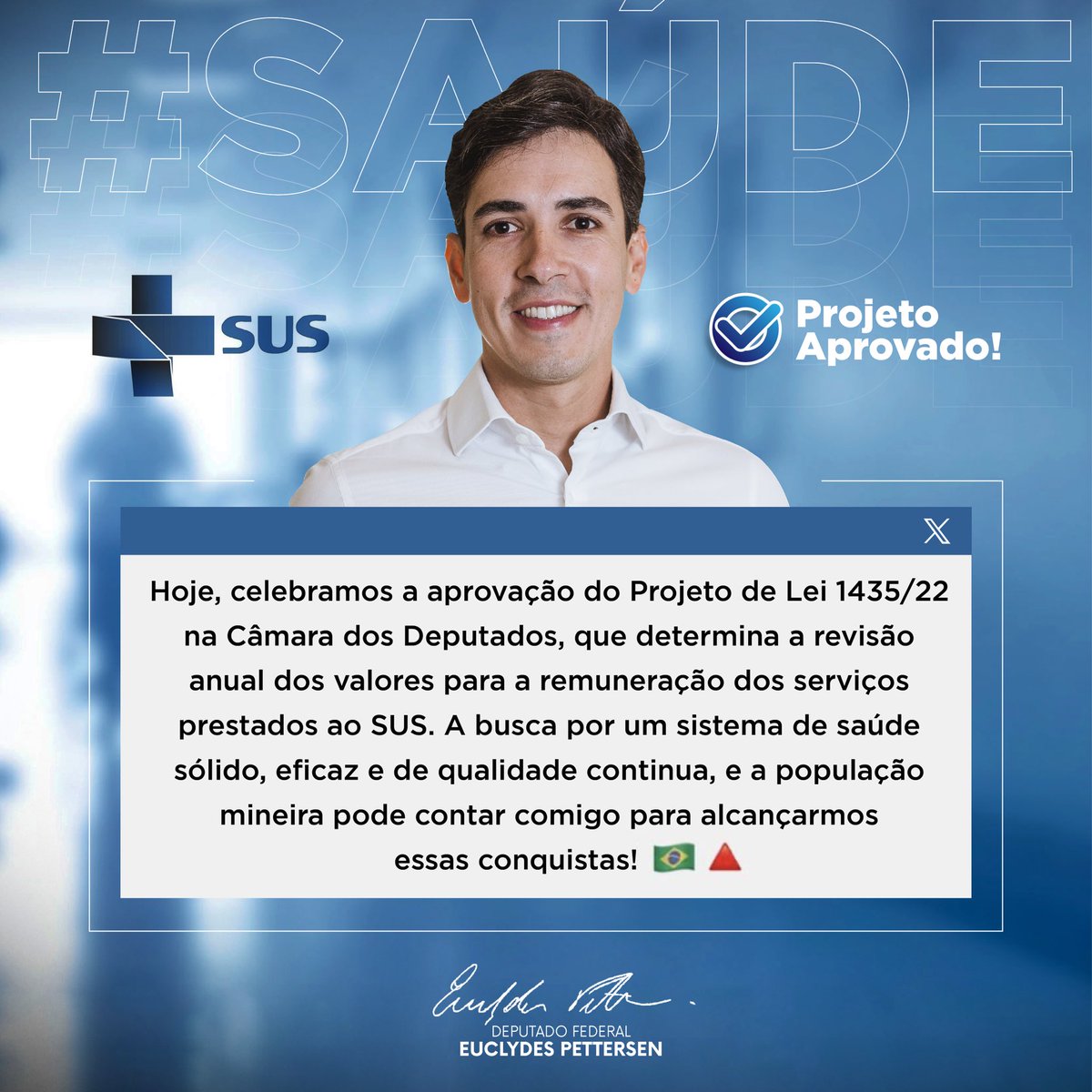 A busca por um sistema de saúde sólido, eficaz e de qualidade continua, e a população mineira pode contar comigo para alcançarmos essas conquistas! 🤝🇧🇷🔺