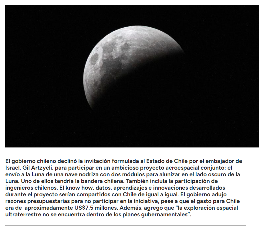 NSSTNetwork's tweet image. Gobierno declina invitación de Israel a Chile para participar de inédito proyecto aeroespacial en la Luna

Autor: Juan Pablo Sallaberry

#Space #Moon #SpaceDevelopment #Espacio #Luna #Chile #Antofagasta #DesarrolloEspacial 

ex-ante.cl/gobierno-decli…