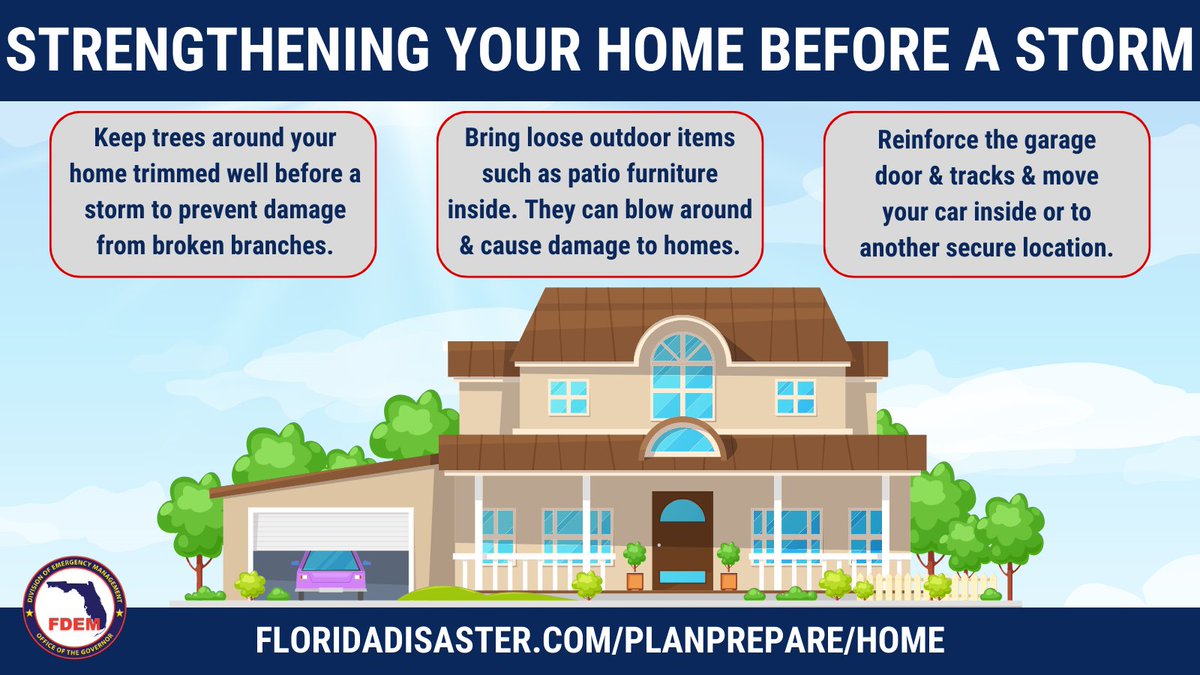 FLSERT's tweet photo. Reduce the possibility of your home suffering major damage before a storm hits. The following tips can help you strengthen your home ahead of a disaster:

🌳 Trim &amp; anchor down trees
🏡 Reinforce the garage door &amp; tracks
🔧 Secure any free-standing fixtures in the yard https://t.co/BLOyTJNgqy