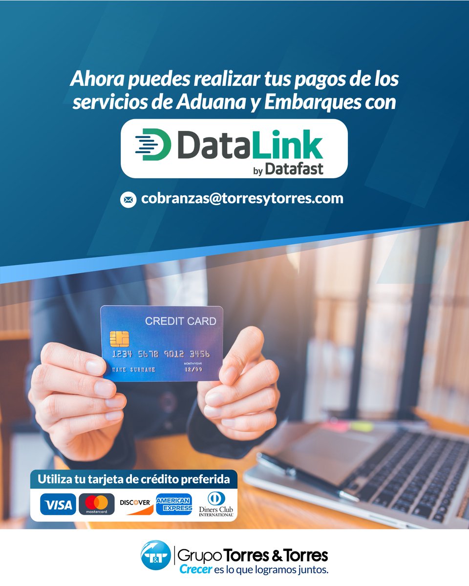 gtorresytorres's tweet image. Realiza tus pagos de los servicios de Embarques Internacionales y Aduana con tus tarjetas de crédito y/o débito de preferencia, Gracias a Datalink de #Datafast

Contáctanos para mayor información
cobranzas@torresytorres.com
#CrecemosJuntos