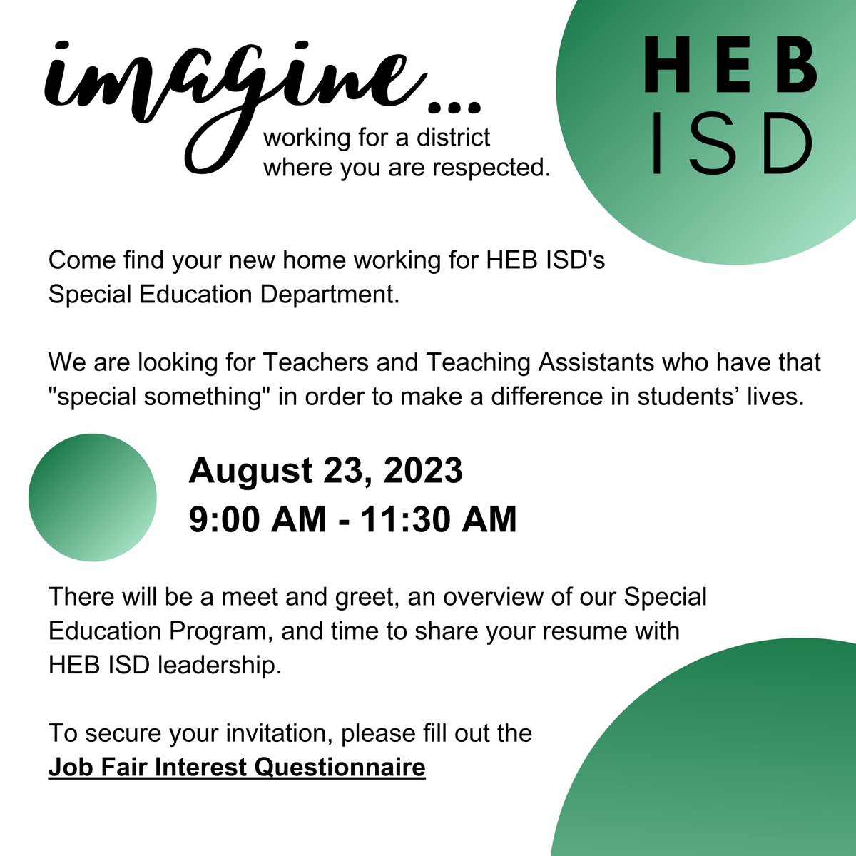 Did you hear?! HEB ISD is currently hiring special education teachers and teaching assistants! To secure your invitation, please fill out this Google form: bit.ly/3OHjKXw <a href="/HEBISDpeople/">HEB ISD People</a> #hebisdimagine