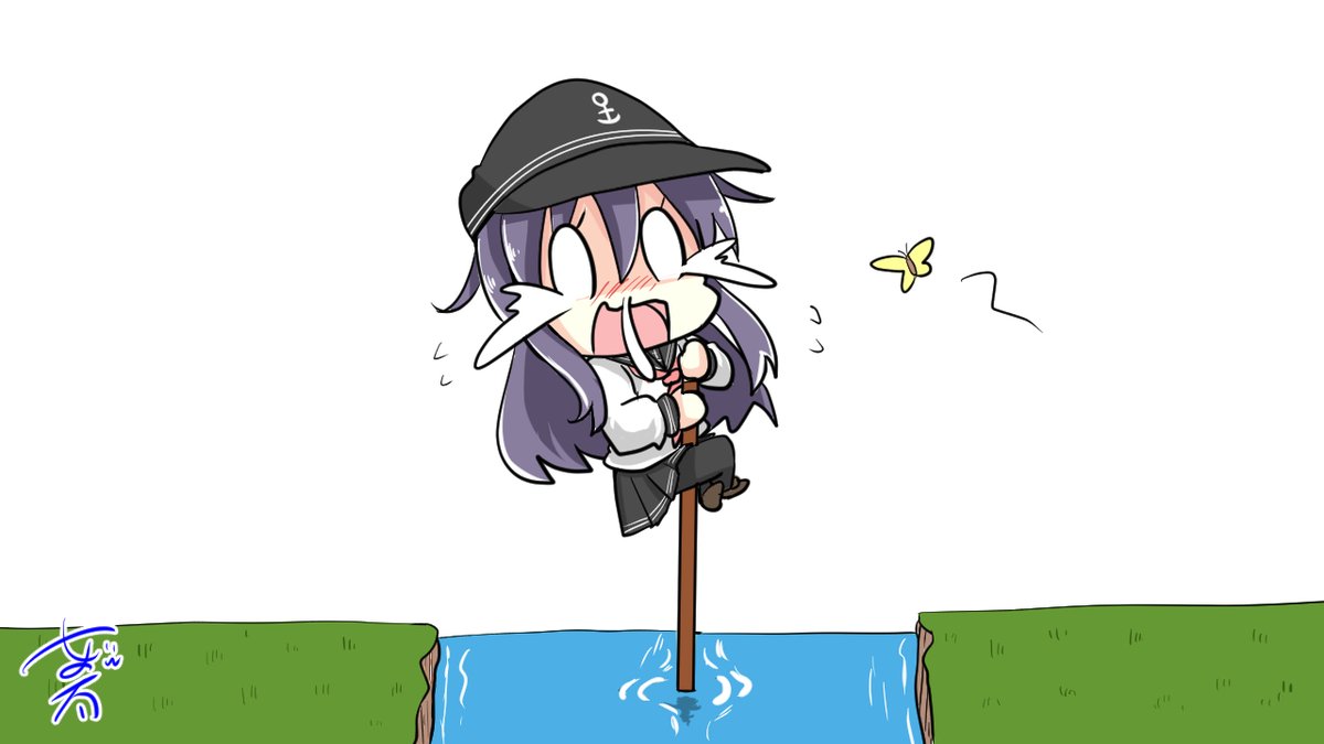 akatsuki (kancolle) 1girl solo long hair hat fishing rod bug skirt  illustration images