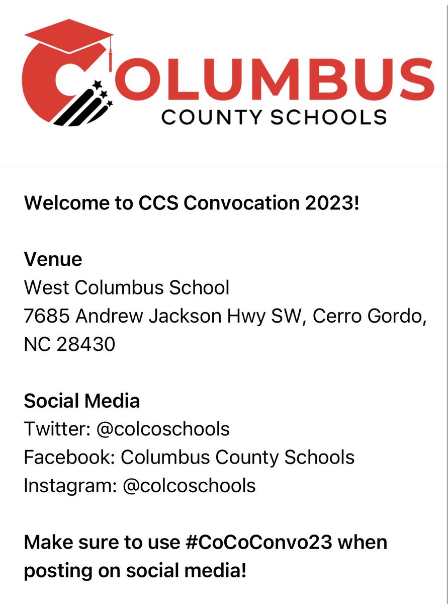 📣 Getting ready for <a href="/colcoschools/">Columbus County Schools</a> 2023 Convocation! Sessions open tomorrow morning at 8:00 am. Educators, what are you choosing to attend?! #CoCoConvo23