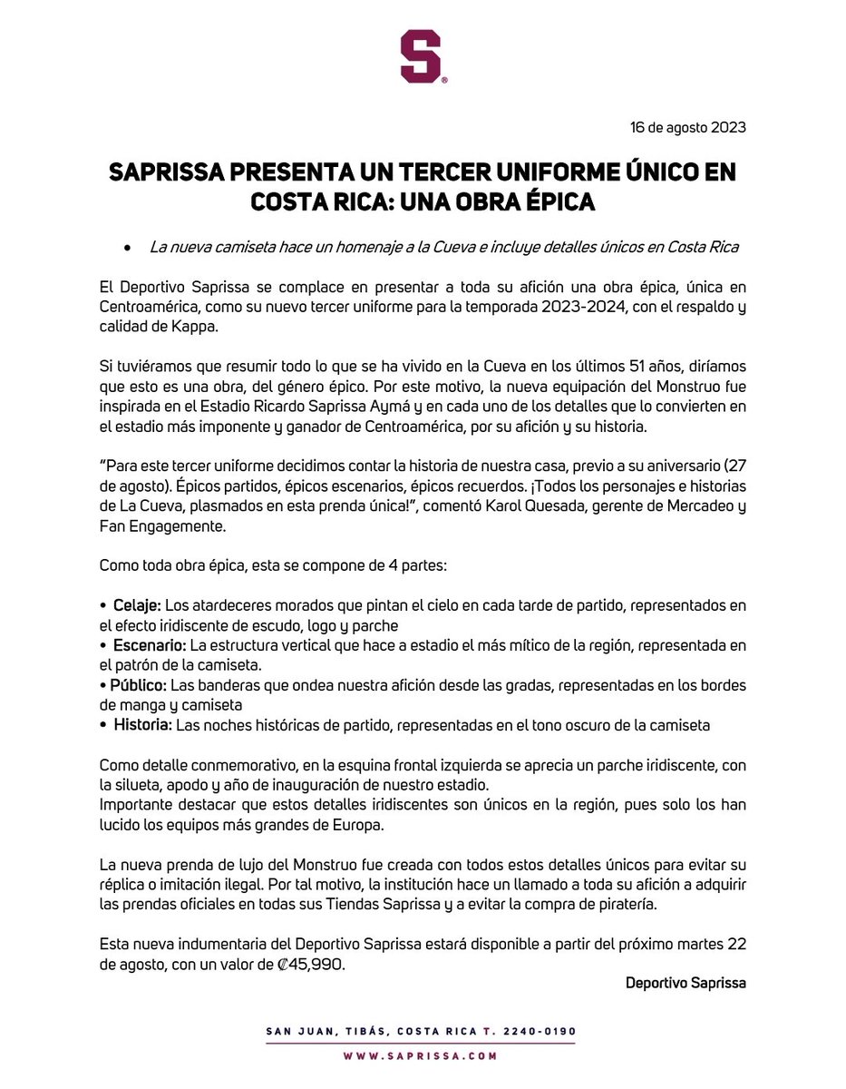 EliArias's tweet photo. El Deportivo Saprissa presenta su tercera camiseta para la temporada 2023-2024. https://t.co/9oJP5vD94R