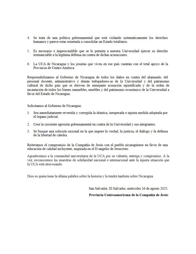 #Comunicado de la Provincia Centroamericana de la Compañía de Jesús

"EN DEFENSA DE LA VERDAD, LA JUSTICIA, LA LIBERTAD Y EL DERECHO A LA EDUCACIÓN Y EN APOYO A LA UCA DE NICARAGUA"

#Nicaragua #DerechosHumanos #DerechoALaEducación #Democracia #Jesuitas  <a href="/UCAdeNicaragua/">UCA</a>