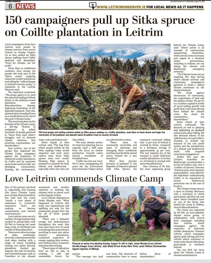 Thanks @LeitrimLive for covering #ClimateCampIreland in #Leitrim last week. A powerful gathering of people and groups from across Ireland and further afield. Lovely also to get coverage of native tree planting at end of camp. #CommunitiesNotShareholders #ClimateJustice