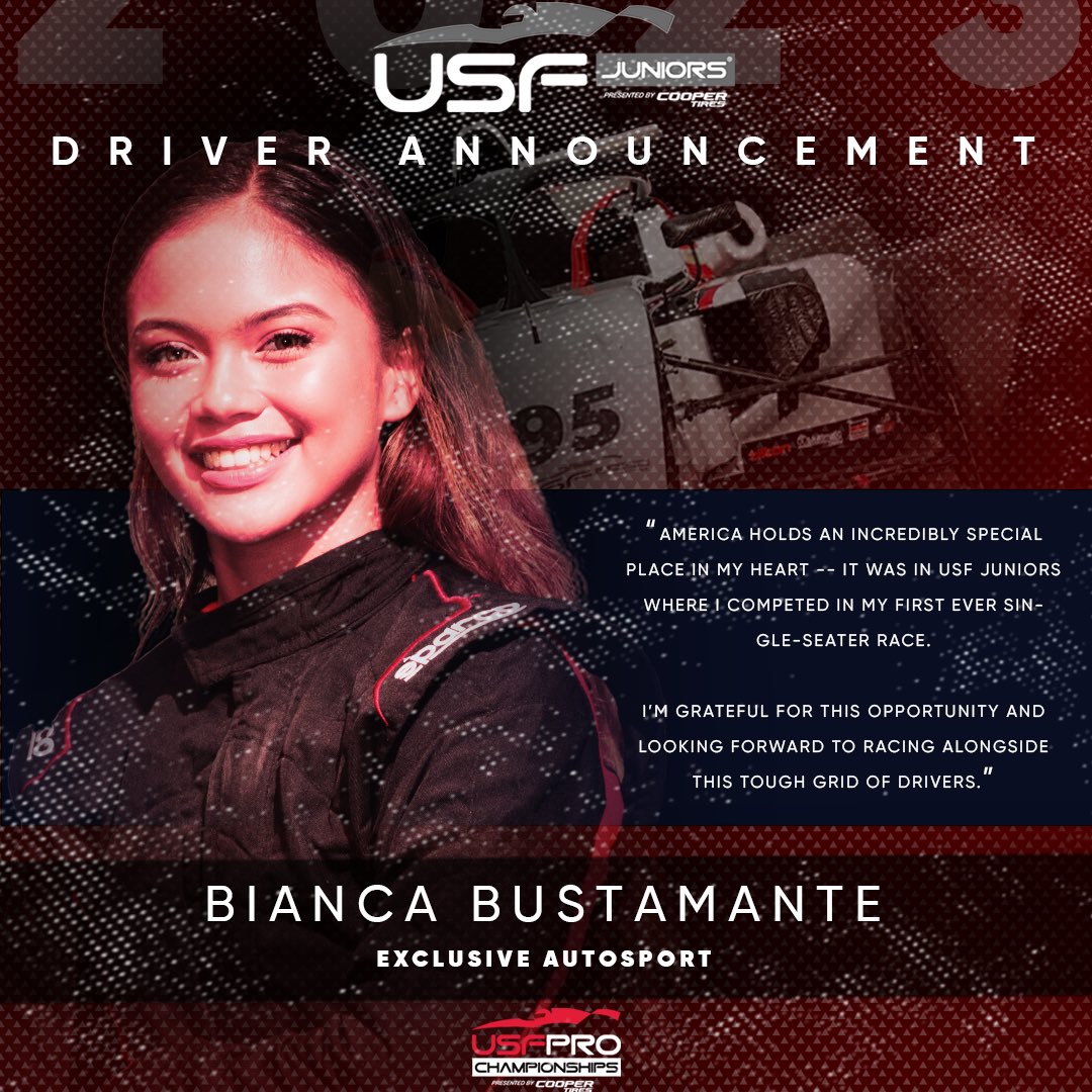 USFJuniors's tweet image. 👀‼️ “I’m very excited to be returning to where my professional racing journey began”

Bianca Bustamante is making her return to the @USFProChamps, with the rising star is set to join @ExclAutosport next week at COTA: usfjuniors.com/news/bustamant…

#USFPro | #TeamCooperTire