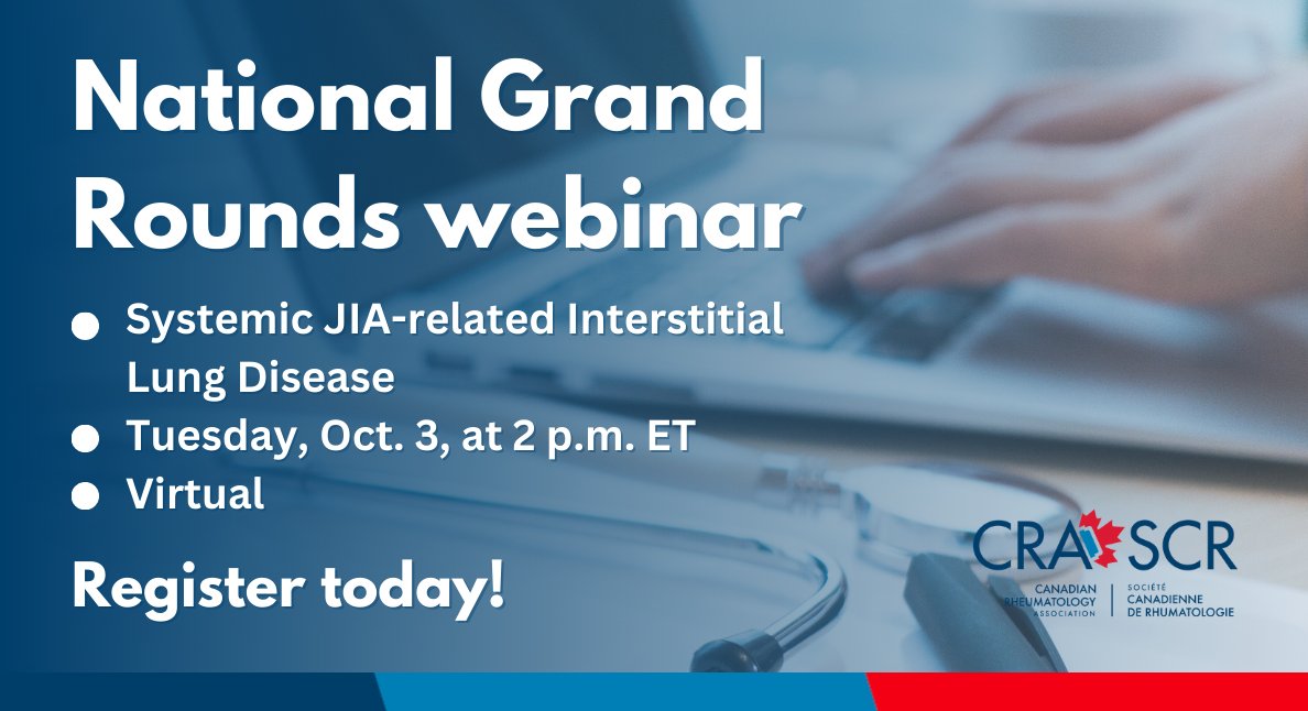 📣Register for our National Grand Rounds Pediatric Webinar: Systemic JIA-related Interstitial Lung Disease presented by Dr. Grant Schulert.

Date: Oct. 3, 2023  
Time: 2-3 p.m. ET   
Where: Zoom     
Cost: Complimentary for CRA &amp; AHPA members
Register now: rheum.member365.com/public/event/d…