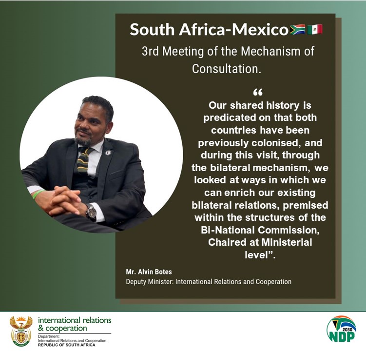 DIRCO_ZA's tweet photo. Deputy Minister Alvin Botes wraps up working visit to the United Mexican States for the 3rd Meeting of the Mechanism of Consultation. 

#SAMexicoRelations🇿🇦🇲🇽 https://t.co/w3UVPJd8Dl
