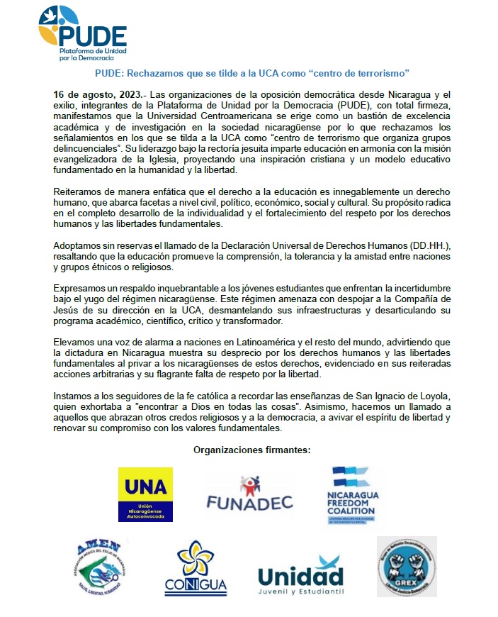 🚨🚨PUDE: Rechazamos que se tilde a la #UCA como "centro de terrorismo". Al contrario la #UCA ha sido un centro de educación en armonía con la misión evangelizadora de la Iglesia Católica, hoy también perseguida por la dictadura en #Nicaragua
<a href="/reporteni/">🇺🇦🇳🇮Reportes Nicas!🇳🇮🇺🇦</a>