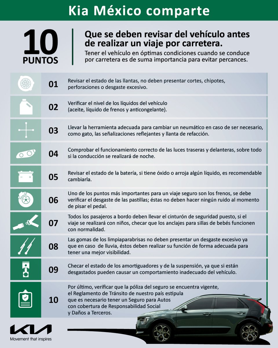 AutosyMas's tweet photo. Chequen estos #KiaTips de @KiaMexico para que sus viajes en carretera sean mas seguros 😉
#Noticias #Automotive #AutosyMas #RM https://t.co/PvRkBOZ5gO