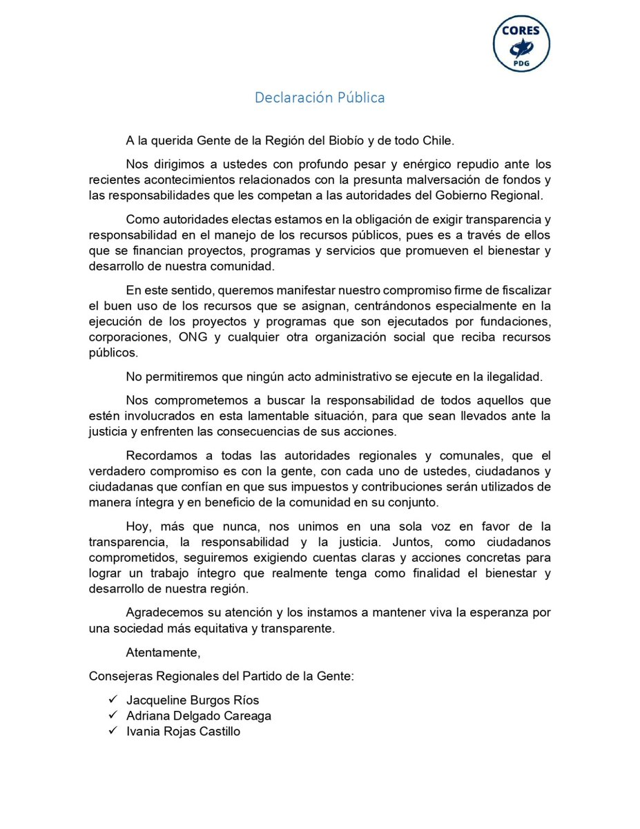 JACQUE_BURGOS_R's tweet photo. Declaración Pública Consejeras Regionales bancada Partido de la Gente.
#corespdg https://t.co/hZbJv6kI0t