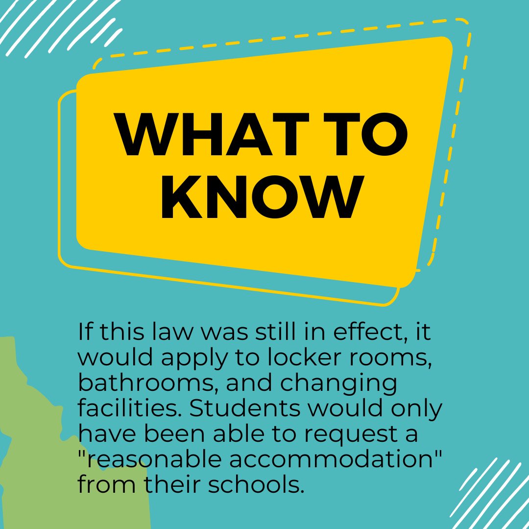DrekTheBat's tweet photo. ICYMI- SB 1100 has been temporarily blocked by a U.S District Court after a lawsuit brought by Boise High School students.
Know your rights! The law HAS NOT gone into effect and cannot be legally enforced.
Share this with an Idaho student you know
#seperateisnotequal #idpol https://t.co/Iygnk1jt5h