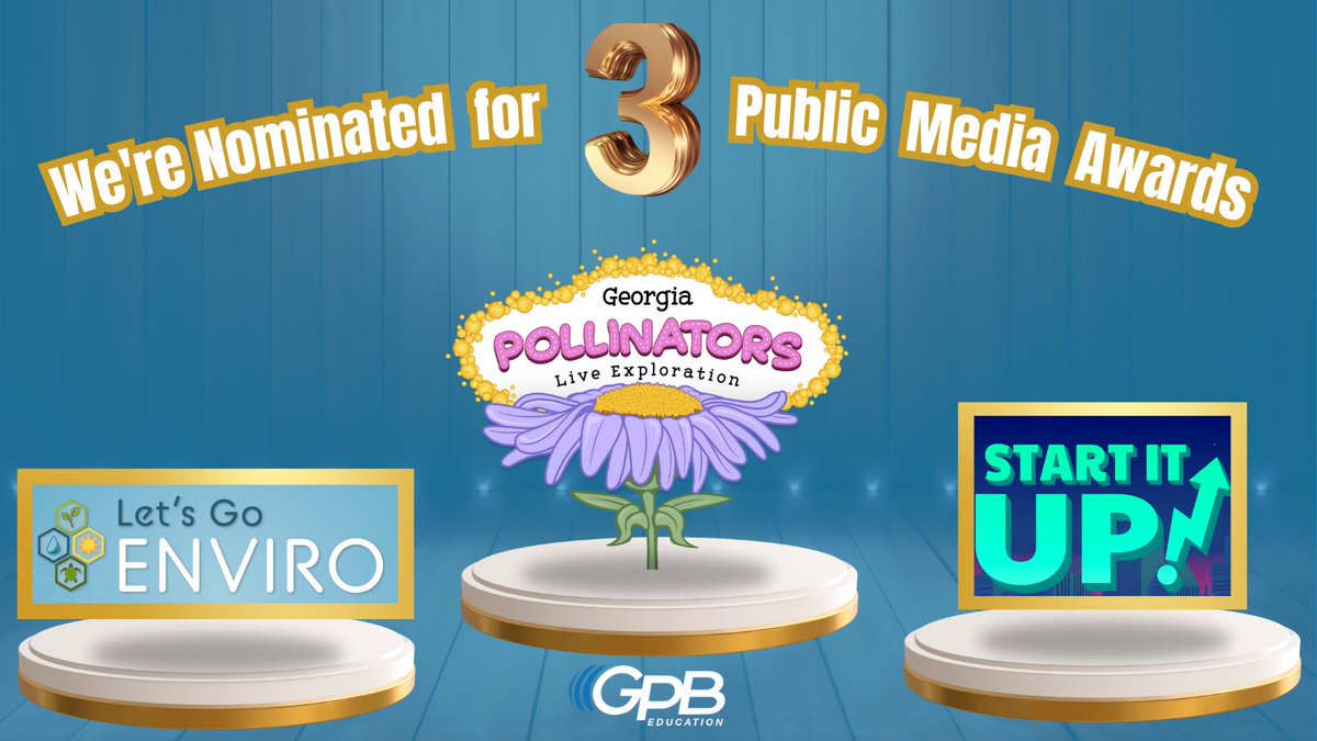 We're honored to be nominated for 3 Public Media Awards! 🏆 
Our work has been nominated in the categories Educational Resources for the Classroom (Let's Go Enviro), Learning Events (Georgia Pollinators Live Exploration), and Innovation in Education (Start It Up!).