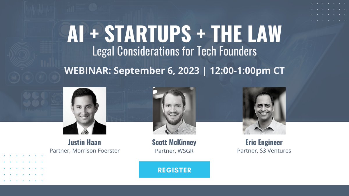 wilsonsonsini's tweet photo. In a few weeks, partner Scott McKinney will join a panel of experts to discuss how #AI can impact various areas of the law—including IP, government regulation, product liability, employment, and more. Learn more and register to attend at: https://t.co/99FovwWGPX https://t.co/ttee5UYmyM