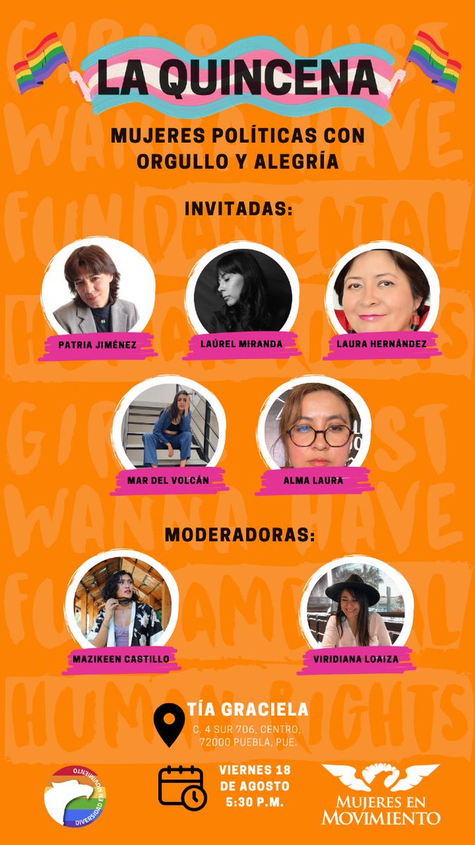 DipLauraDDHH's tweet photo. Este viernes 18 de agosto invitadas están todas las personas a #LaQuincenaMC en @Puebla  para conocer a las Mujeres Políticas que #ConOrgulloyAlegria están al frente para la defensa de los derechos humanos y más. La cita es en Tía Graciela (Puebla,Centro) a las 17:30hrs. 💜💚🏳️‍🌈♀️ https://t.co/eV93VHHDwf
