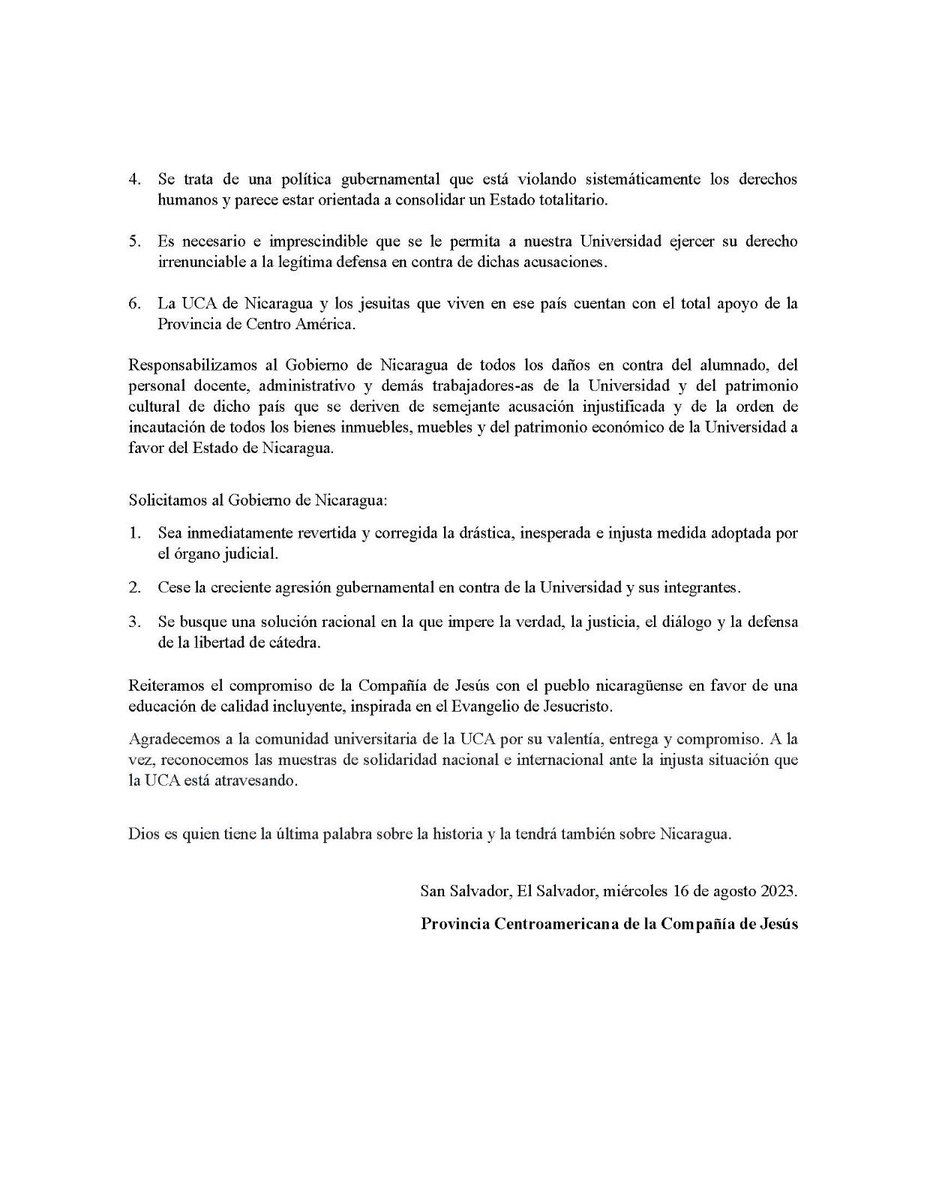 📍Comunicado | Los <a href="/jesuitascam/">Jesuitas Centroamérica</a> se pronuncian ante la confiscación de bienes del gobierno de #Nicaragua hacia la <a href="/UCAdeNicaragua/">UCA</a>.
Los #JesuitasMéxico nos sumamos al llamado de verdad, justicia y diálogo en favor de la comunidad universitaria y del pueblo nicaragüense.