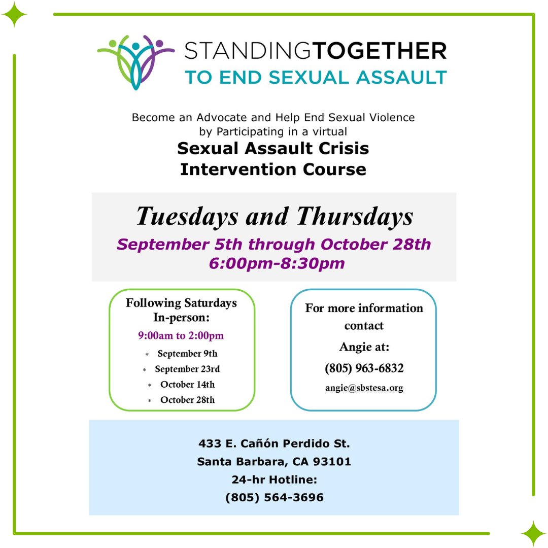 STESA_SB's tweet photo. Interested in becoming an advocate against sexual violence? Join our virtual Sexual Assault Crisis Intervention Courses! For more information, contact Angie at angie@sbstesa.org https://t.co/wqAWtfkvZi