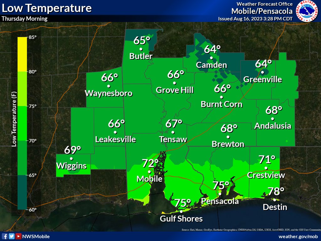 NWSMobile's tweet photo. 🙌 Temperatures will dip into the 60s for inland communities and 70s for the coastal counties overnight.

🍂 Enjoy the brief cooldown before the heat and humidity come back in full force this weekend. https://t.co/eC9YpExKpH