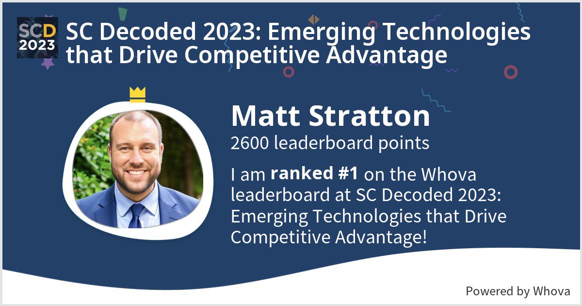 StrattonMattIT's tweet image. I ranked #1 on the Whova leaderboard at SC Decoded 2023: Emerging Technologies that Drive Competitive Advantage! #SCDecoded #SCTech #SCCompetes - via #Whova event app