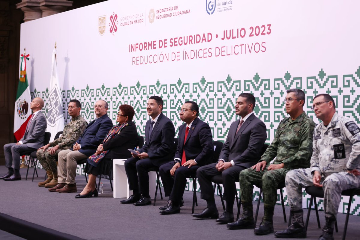 martibatres's tweet photo. Presentamos el Informe de Seguridad julio 2023. Los resultados son alentadores:

✅ El promedio diario de delitos de alto impacto disminuyó un 5% respecto al junio pasado.
✅ El promedio diario de homicidios dolosos se redujo un 22% en relación al mes pasado.
✅ Comparado enero de 2019 contra julio de 2023, el homicidio doloso se redujo en un 52%, el robo a transeúnte disminuyó 46.3%, el robo a repartidor 73.2% y el robo a casa habitación con violencia 65%.

Me acompañaron @MagRafaelGuerra de @PJCDMX, @ErnestinaGodoy_ de @FiscaliaCDMX, @OHarfuch de @SSC_CDMX, @RicardoRuizSua2 de @SeGobCDMX, el General Oscar Rentería Schazarino de @SEDENAmx, el Capitán Miguel Ángel Rosales Maldonado de @SEMAR_mx, el General Alberto González Hernández de @GN_MEXICO_, @EduardoClark de @LaAgenciaCDMX y @guerrerochipres de @elconsejomx.
