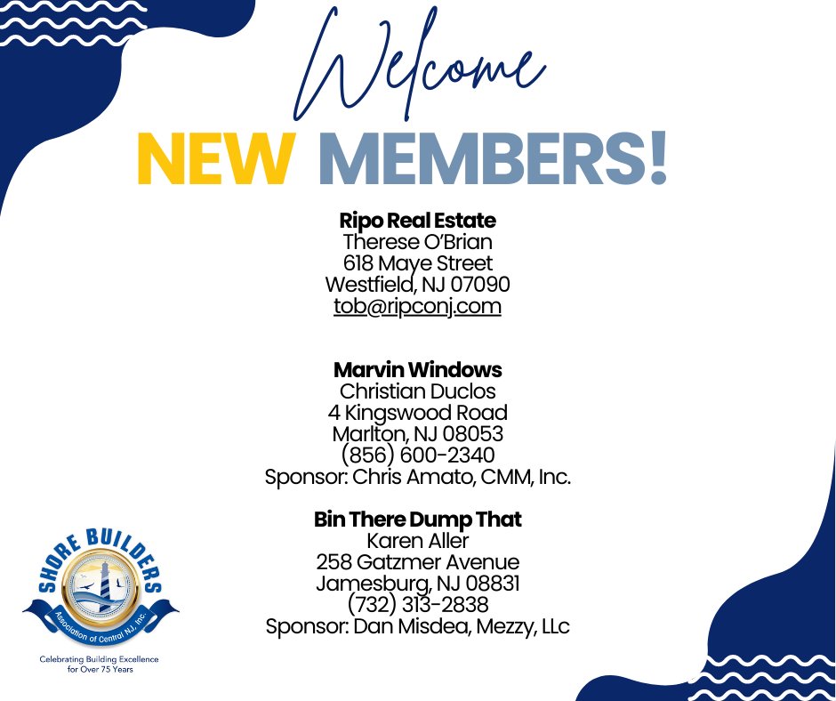 SBACNJ's tweet photo. #WelcomeWednesday
We would like to welcome these new members to our Association! 
#SBACNJ #HomebuildersAssociation #Membership #WelcomeNewMembers  #HomebuildingIndustry https://t.co/lxFUFmFmCb