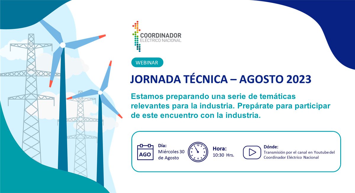 coord_electrico's tweet photo. ATENCIÓN 🚨 El próximo miércoles 30 de agosto, desde las 10:30 horas, realizaremos una Jornada Técnica Virtual para abordar una serie de temas de interés para la industria. Pronto más información.

Agéndalo, lo transmitiremos por Youtube 📺 https://t.co/IHLrfr4yi9 https://t.co/Bgc2Q24ehu
