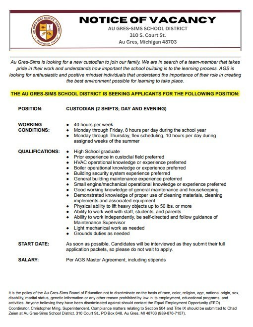AGSschools's tweet photo. Au Gres-Sims is on the search for an excellent team member to join our maintenance and custodial staff. If you are interested, or know of someone who may be interested, please apply soon! #WolverinesLead #AGSWill https://t.co/04FDtnUaZ5