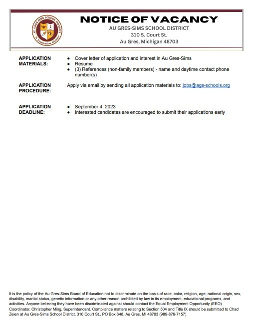 AGSschools's tweet photo. Au Gres-Sims is on the search for an excellent team member to join our maintenance and custodial staff. If you are interested, or know of someone who may be interested, please apply soon! #WolverinesLead #AGSWill https://t.co/04FDtnUaZ5