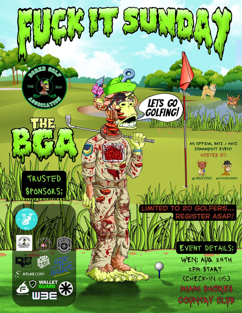 boredgolfing's tweet image. FUCK IT. Let’s go golfing! ⛳️🦍@boredgolfing @BoredApeYC 

We have still have a few open sponsorship slots available! 📢
DM me for inquiries. 📲

BTW, all golfers will receive a swag bag holding official BGA merch &amp;amp; other ape products. 👀

Register HERE!⬇️
Fuckitsunday.eventbrite.com