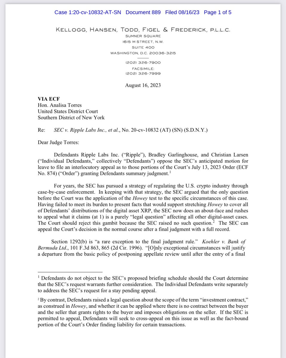 FilanLaw's tweet image. #XRPCommunity #SECGov v. #Ripple #XRP BREAKING: Ripple files it’s opposition to the SEC’s anticipated motion for leave to file an interlocutory appeal.