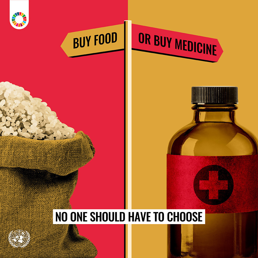 UN's tweet photo. Everyone deserves to live a life free from poverty.

Yet, too many people worldwide are forced to choose between buying food or buying medicine.

The #GlobalGoals aim to help eradicate poverty so all people, everywhere, can live in dignity &amp; prosperity. https://t.co/AeUI1G5gXs https://t.co/rnm8EI4F74
