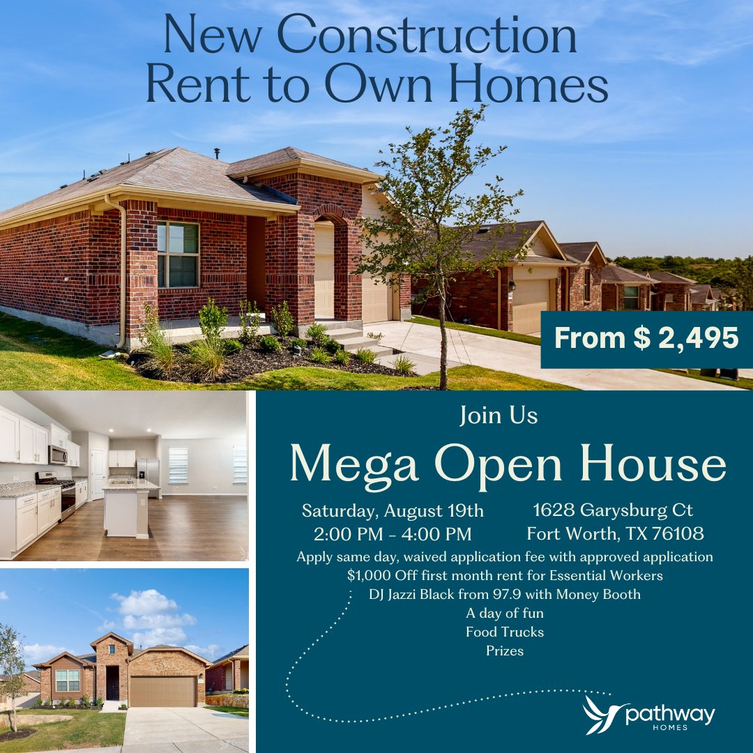 Join us for fun on Aug. 19th, 2-4PM to tour homes, and have a chance to win prizes, including tickets to the Cowboys and more! Leasing specialists will be on site & available by ☎️ if you can’t make the event. Call 1-877-958-1888. bit.ly/3QMyOWm #Renttoown #OpenHouse