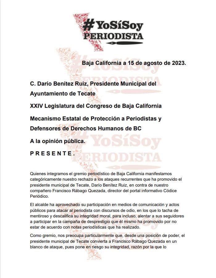 codicetkt's tweet photo. El colectivo #YoSíSoyPeriodista presentó un posicionamiento respaldando a nuestro director general Francisco Rábago Quezada, ante los ataques constantes del alcalde Darío Benítez Ruiz. https://t.co/Ca3nNvX2HX