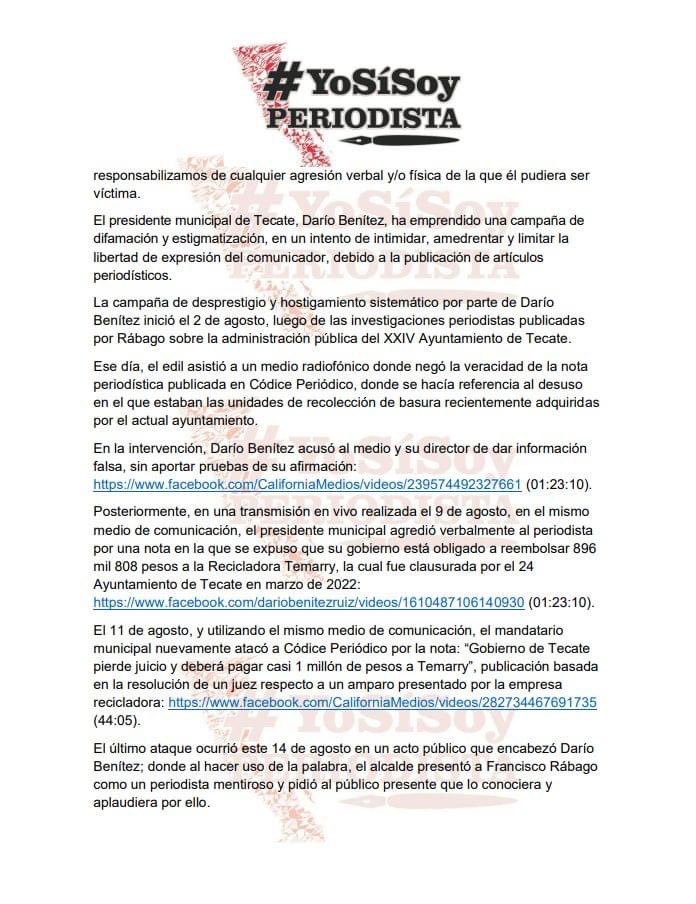codicetkt's tweet photo. El colectivo #YoSíSoyPeriodista presentó un posicionamiento respaldando a nuestro director general Francisco Rábago Quezada, ante los ataques constantes del alcalde Darío Benítez Ruiz. https://t.co/Ca3nNvX2HX