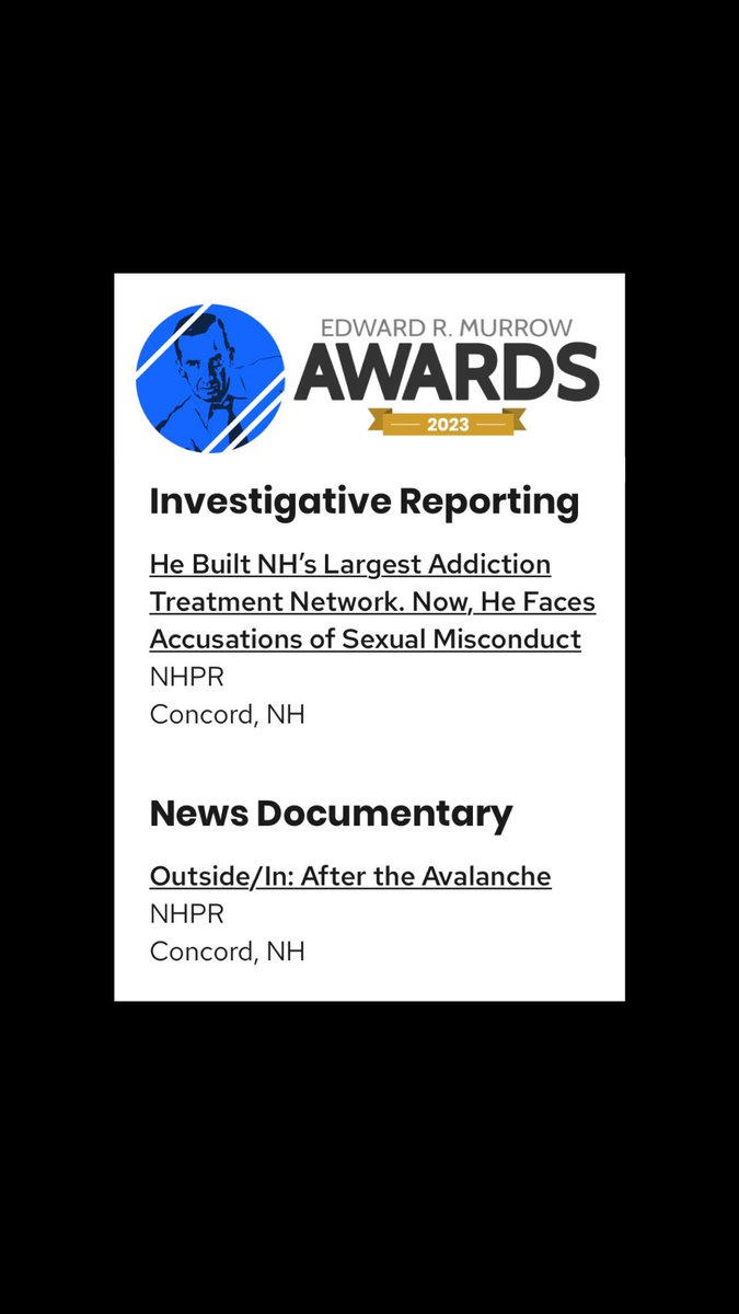 tuohy's tweet photo. Among the national Murrow-award winners announced: @laurenchooljian and @nhprdocument’s investigative project, and more solid reporting from the team at @OutsideInRadio (h/t @Jessica_Hunt1, who is excellent). https://t.co/cEQt9JLBpz