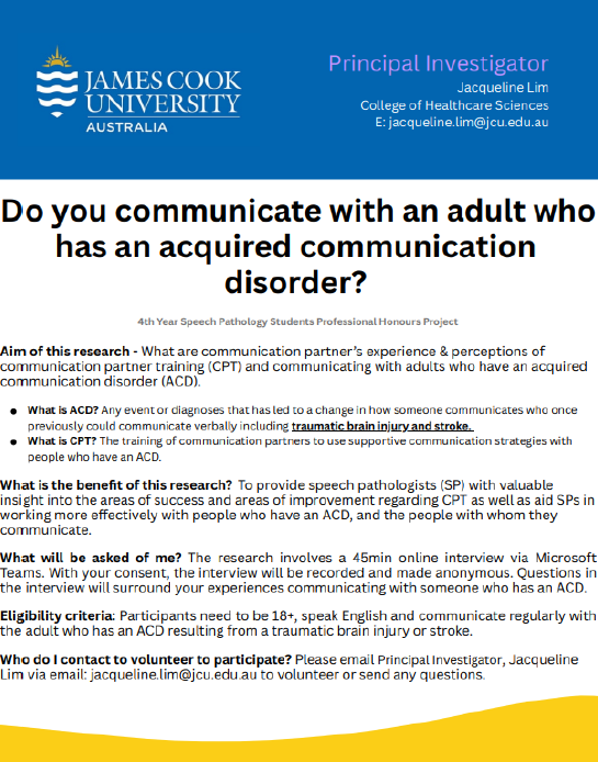 We are interested in hearing from communication partners of people with acquired communication disorders. Please share among your contacts.
