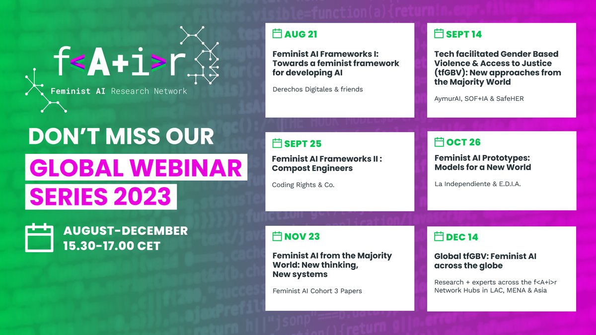Aplusalliance's tweet photo. Join us on our #2023 #webinar series!  
First event: 
“Feminist AI Frameworks I: Towards a #feminist framework for developing #AI – from principles to practice”, on August 21st, 15:30 CET, via Zoom. 
#Open webinar, register here: 
https://t.co/jPiPjmn9MF https://t.co/C1kpAnlEOI