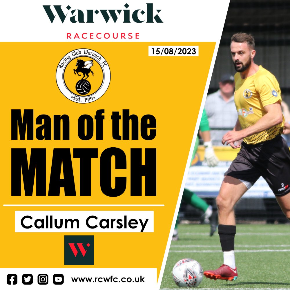 RCWFC's tweet photo. 𝗠𝗮𝗻 𝗼𝗳 𝘁𝗵𝗲 𝗠𝗮𝘁𝗰𝗵 🏆

Last nights @WarwickRaces Boards Man of the Match was Callum Carsley 

#UTR 🟡⚫ https://t.co/NFpSR0nvug