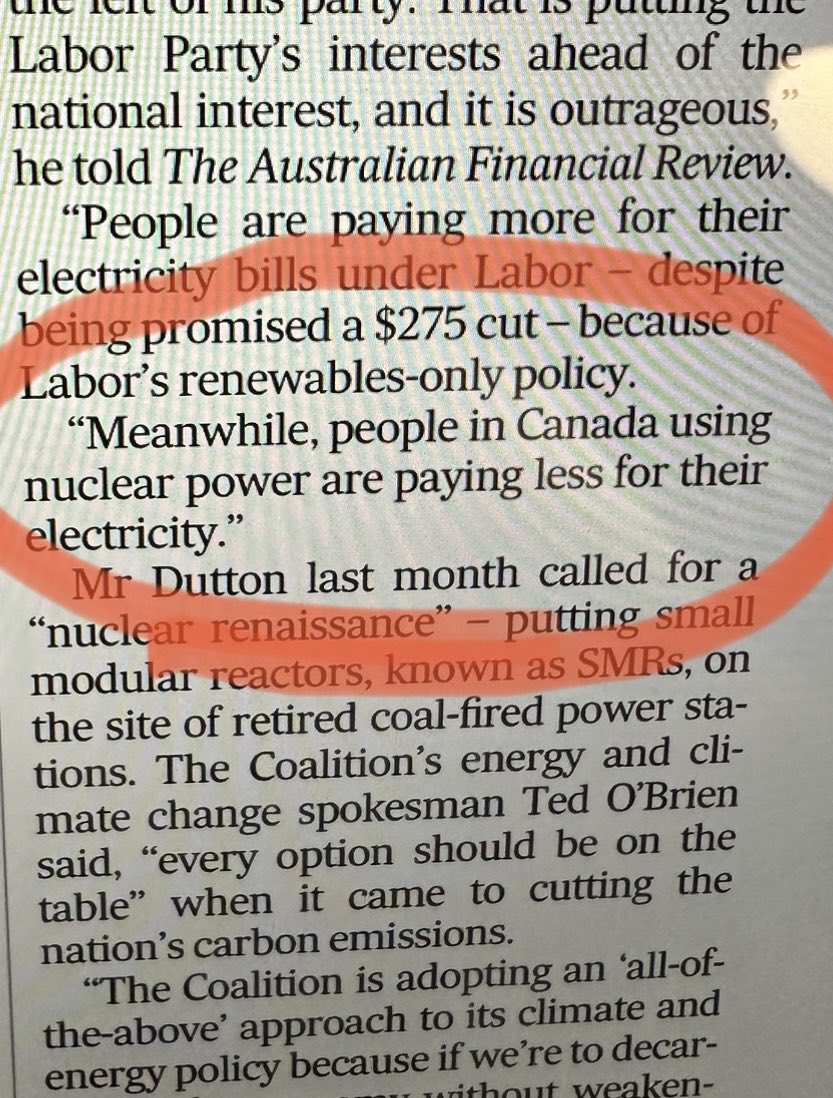 Peter Dutton doubling down on his nuclear lies, despite knowing his claims are wrong. As Electricity Canada says: “Canada’s access to renewable natural resources allows for some of the lowest residential electricity prices in the world” #factsmatter