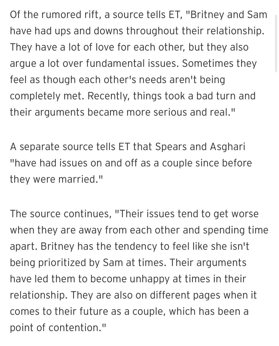 breatheonmiley's tweet photo. A source tells ET, "Their issues tend to get worse when they are away from each other and spending time apart. Britney has the tendency to feel like she isn't being prioritized by Sam at times. Their arguments have led them to become unhappy at times in their relationship. They are also on different pages when it comes to their future as a couple, which has been a point of contention."