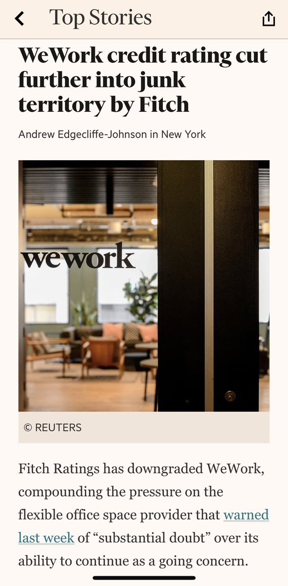Seb_Paillet's tweet photo. #WEWORK downgraded credit rating by FITCH from CC to CCC-

Interesting case, worth 319M valuation = 0,1x revenue multiple.

Highly leveraged with 17bn of debt

Cash flow close to equilibrium -60M in Q2 2023. 

The company was SPAC at a 9bn Valuation in 2019

Sheep 🐑 are selling https://t.co/Aitzek7bU1