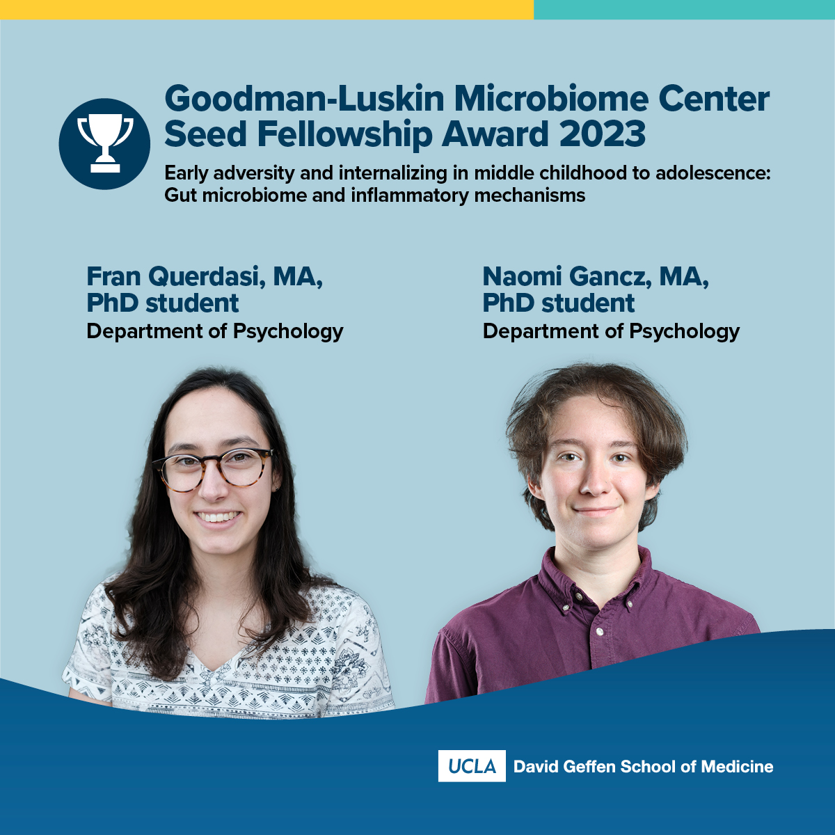 UCLA Gastroenterology and Hepatology (@uclagihep) on Twitter photo 🏆Naomi Gancz (<a href="/NGancz/">Naomi Gancz</a>) & Fran Querdasi (<a href="/fquerdasi/">Fran Querdasi</a>) receive #UCLAMicrobiome Seed Fellowship Award!
🔹Early adversity and internalizing in middle childhood to adolescence: Gut #microbiome and inflammatory mechanisms
🔹Mentor: <a href="/Dr_BCallaghan/">Dr. Bridget Callaghan</a> (<a href="/UCLAPsychology/">UCLA Department of Psychology</a> <a href="/BABLab_UCLA/">Brain and Body Lab - UCLA</a>) 🏆Naomi Gancz (<a href="/NGancz/">Naomi Gancz</a>) & Fran Querdasi (<a href="/fquerdasi/">Fran Querdasi</a>) receive #UCLAMicrobiome Seed Fellowship Award!
🔹Early adversity and internalizing in middle childhood to adolescence: Gut #microbiome and inflammatory mechanisms
🔹Mentor: <a href="/Dr_BCallaghan/">Dr. Bridget Callaghan</a> (<a href="/UCLAPsychology/">UCLA Department of Psychology</a> <a href="/BABLab_UCLA/">Brain and Body Lab - UCLA</a>)